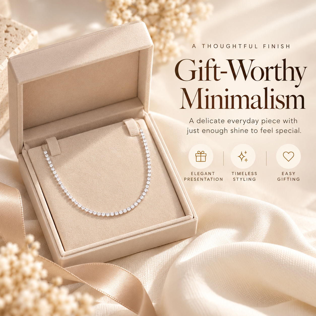 Crystal line necklace presented in an elegant jewelry box