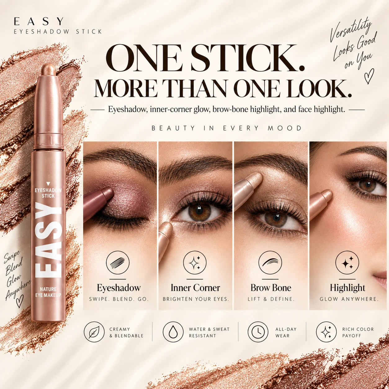 Multi-use eyeshadow and highlighter stick