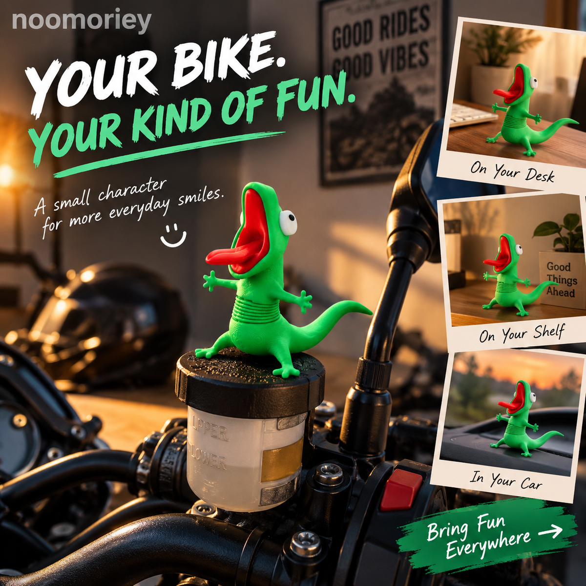 🦎 Funny Green Gecko Figurine – Playful Motorcycle & Desktop Decor