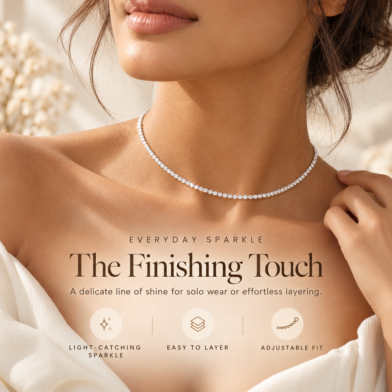 Delicate crystal line necklace styled on the neck