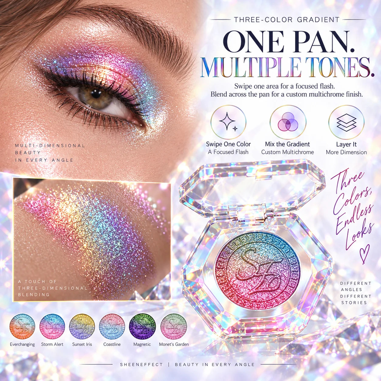 Close-up multichrome eye makeup and three-tone gradient compact