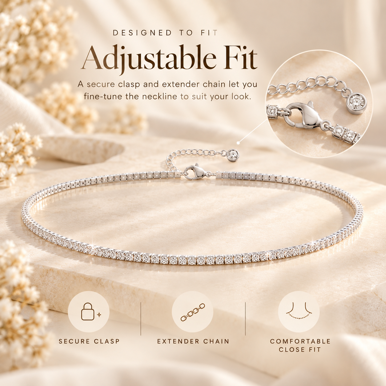 Adjustable clasp and extender chain detail