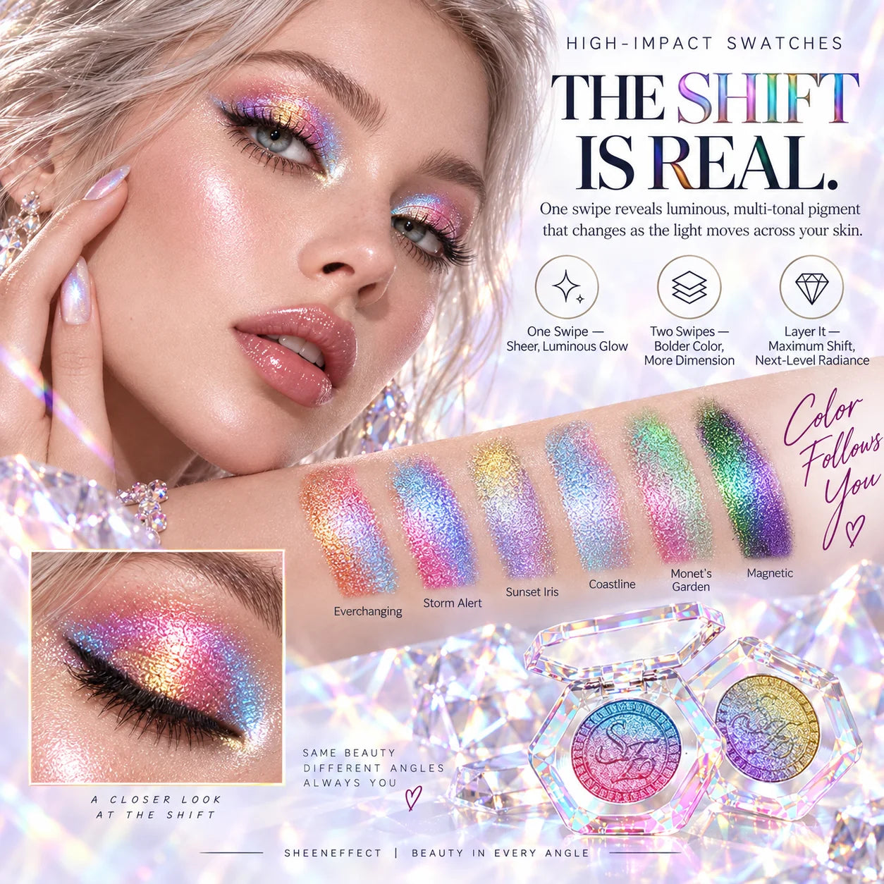 Six SHEENEFFECT multichrome swatches and eye-detail glow