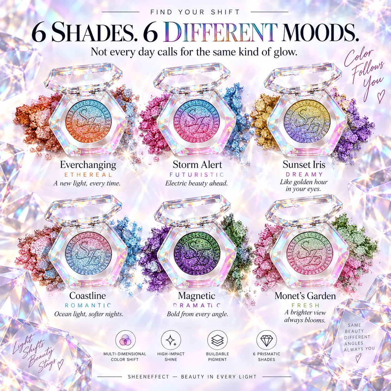 Six SHEENEFFECT multichrome shades and mood guide