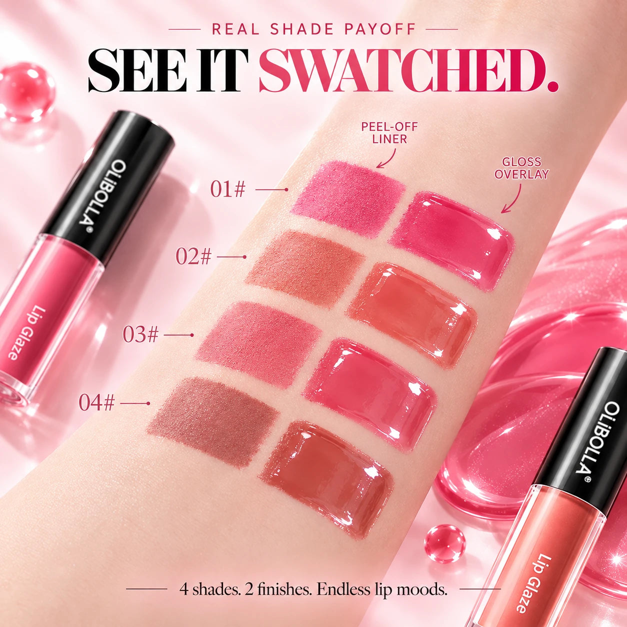 OLIBOLLA peel-off liner and gloss tint swatches