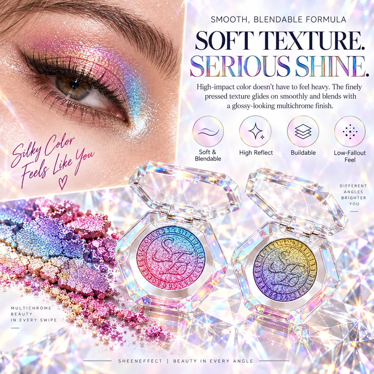Macro eye highlight and smooth pressed SHEENEFFECT shimmer texture