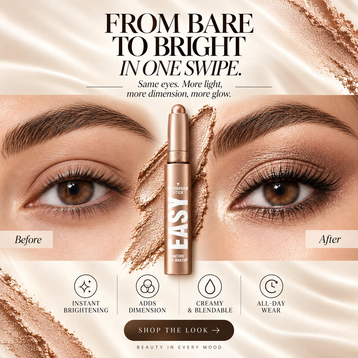 Before and after luminous eyeshadow look