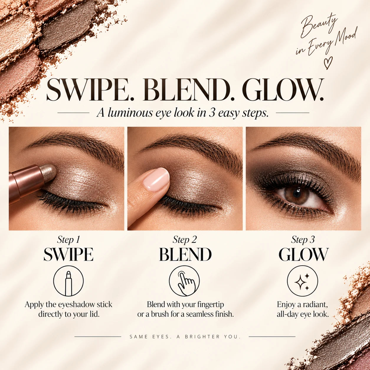 Three-step eyeshadow stick tutorial