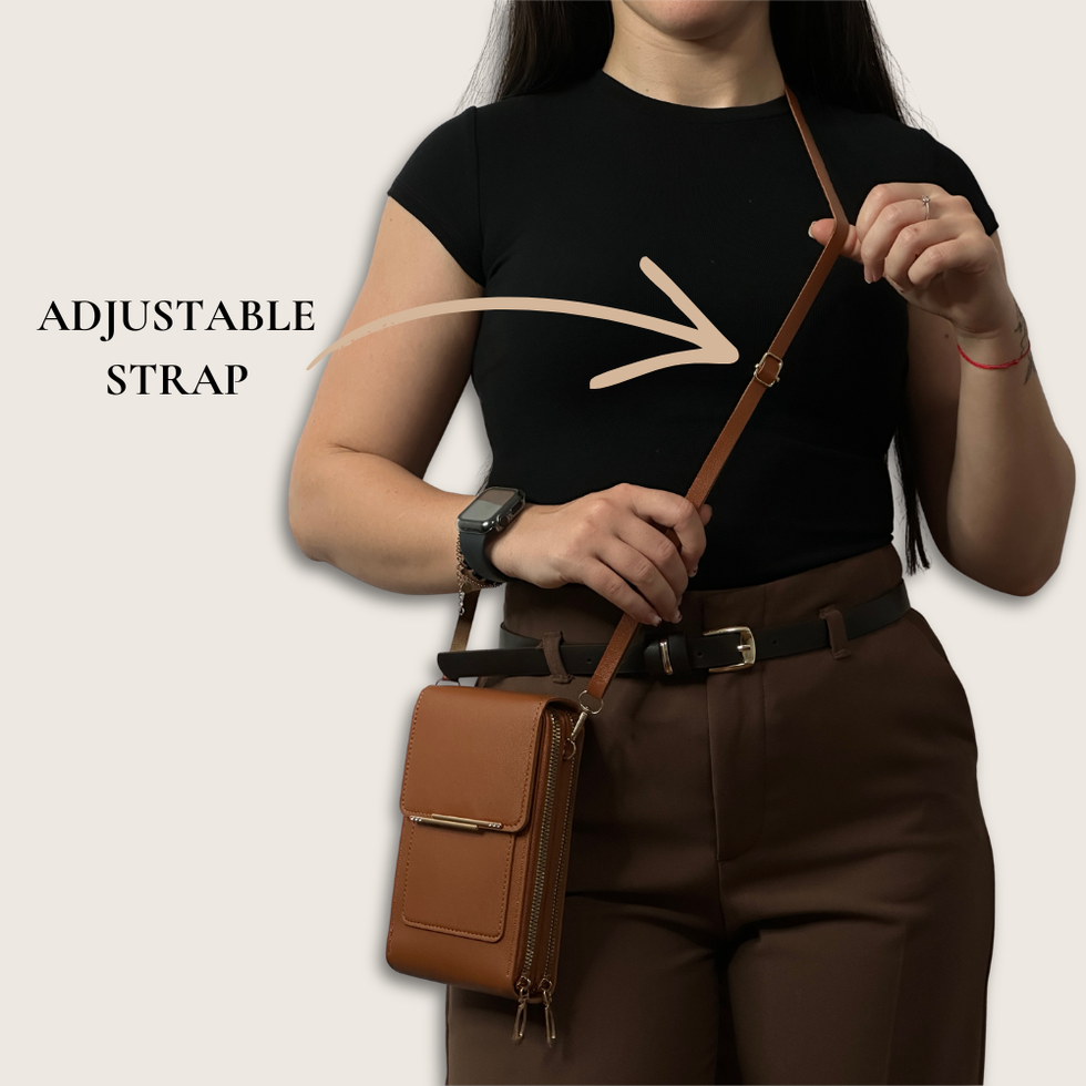 Model adjusting the crossbody bag shoulder strap