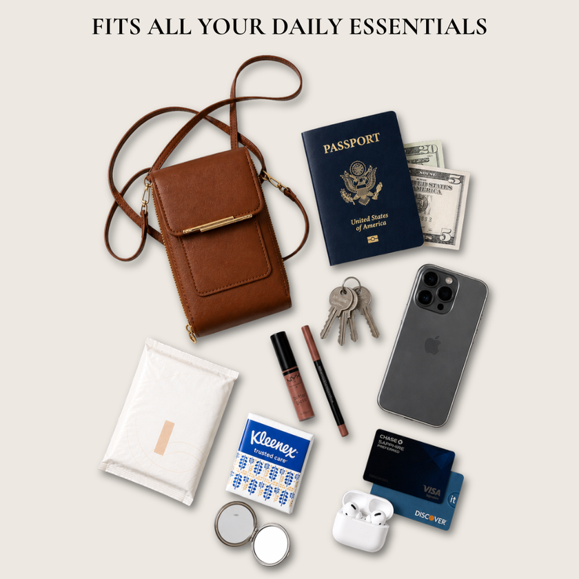 Crossbody bag shown with everyday carry items such as phone, keys and cards