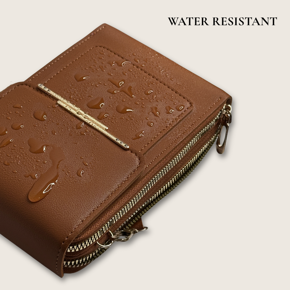 Water droplets beading on the brown crossbody phone bag material