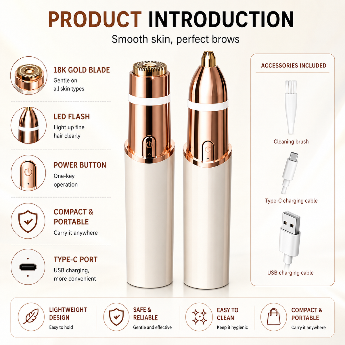 2-in-1 Rechargeable Facial & Eyebrow Hair Trimmer for Women – Painless Face Razor, Peach Fuzz & Upper Lip Remover, Precision Brow Shaper