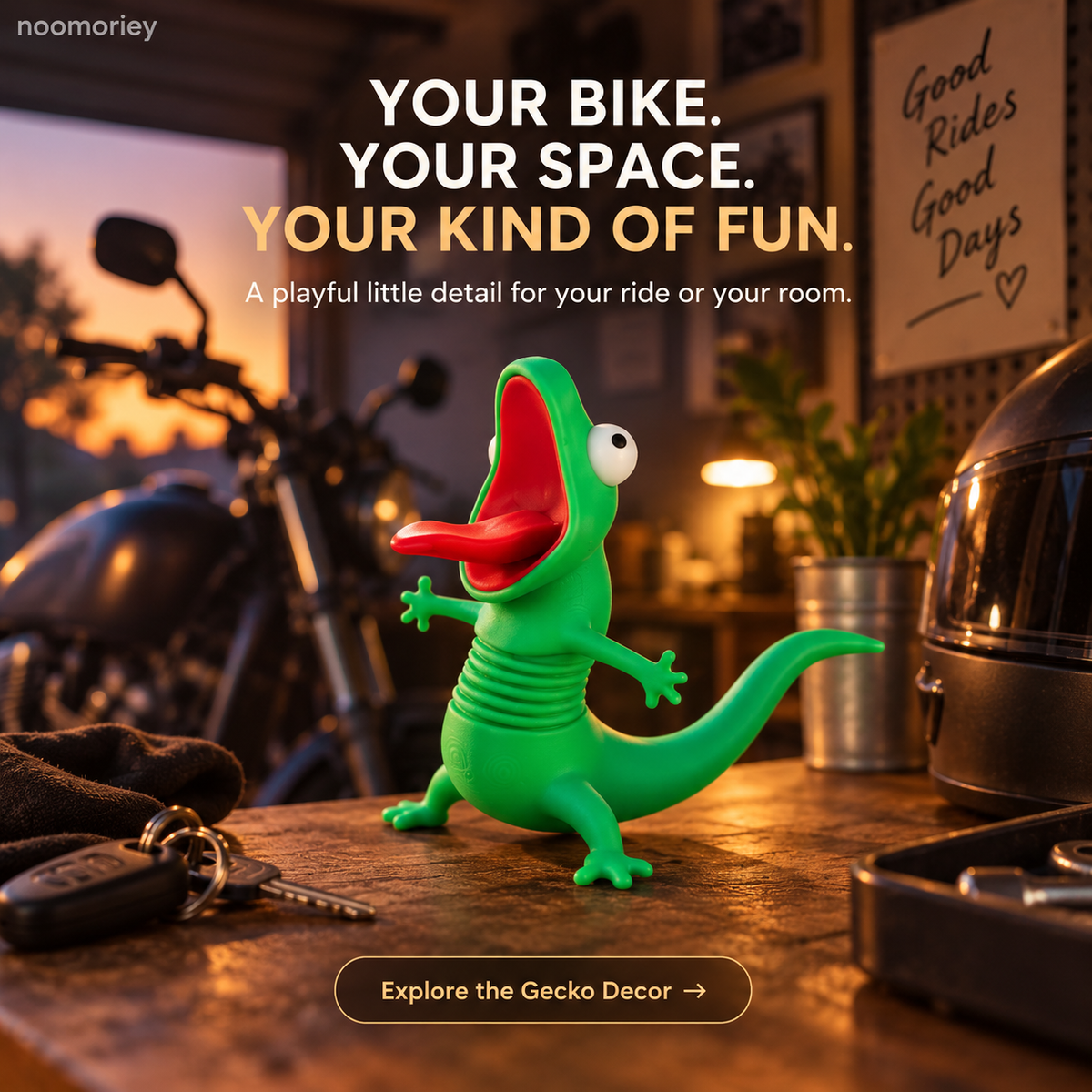 🦎 Funny Green Gecko Figurine – Playful Motorcycle & Desktop Decor