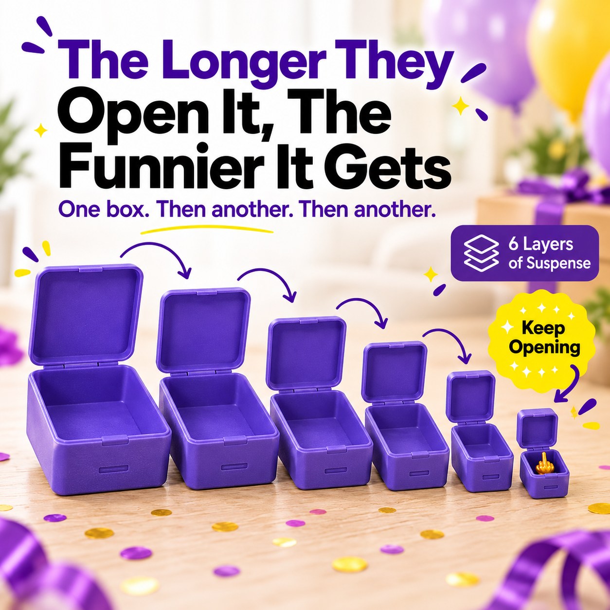 Six purple nested prank gift boxes opened from largest to smallest