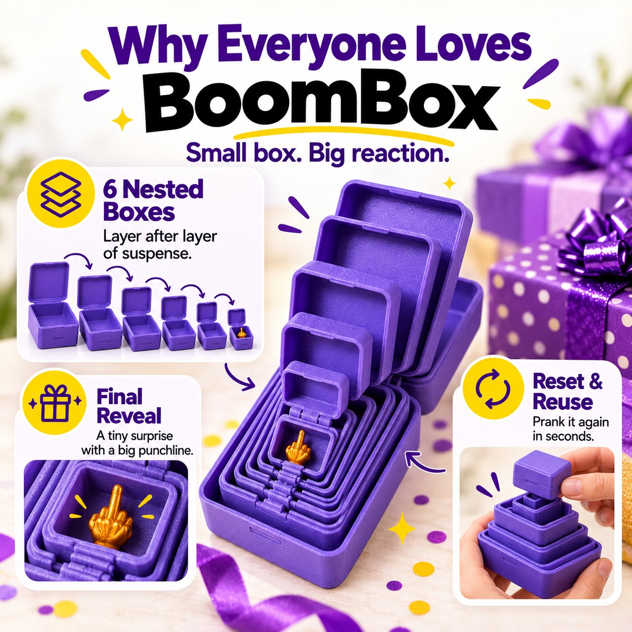 BoomBox benefits: six nested boxes, final surprise, reusable design