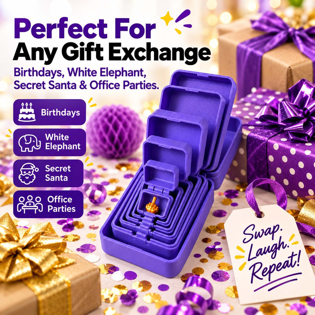BoomBox purple prank box at festive gift exchange with presents