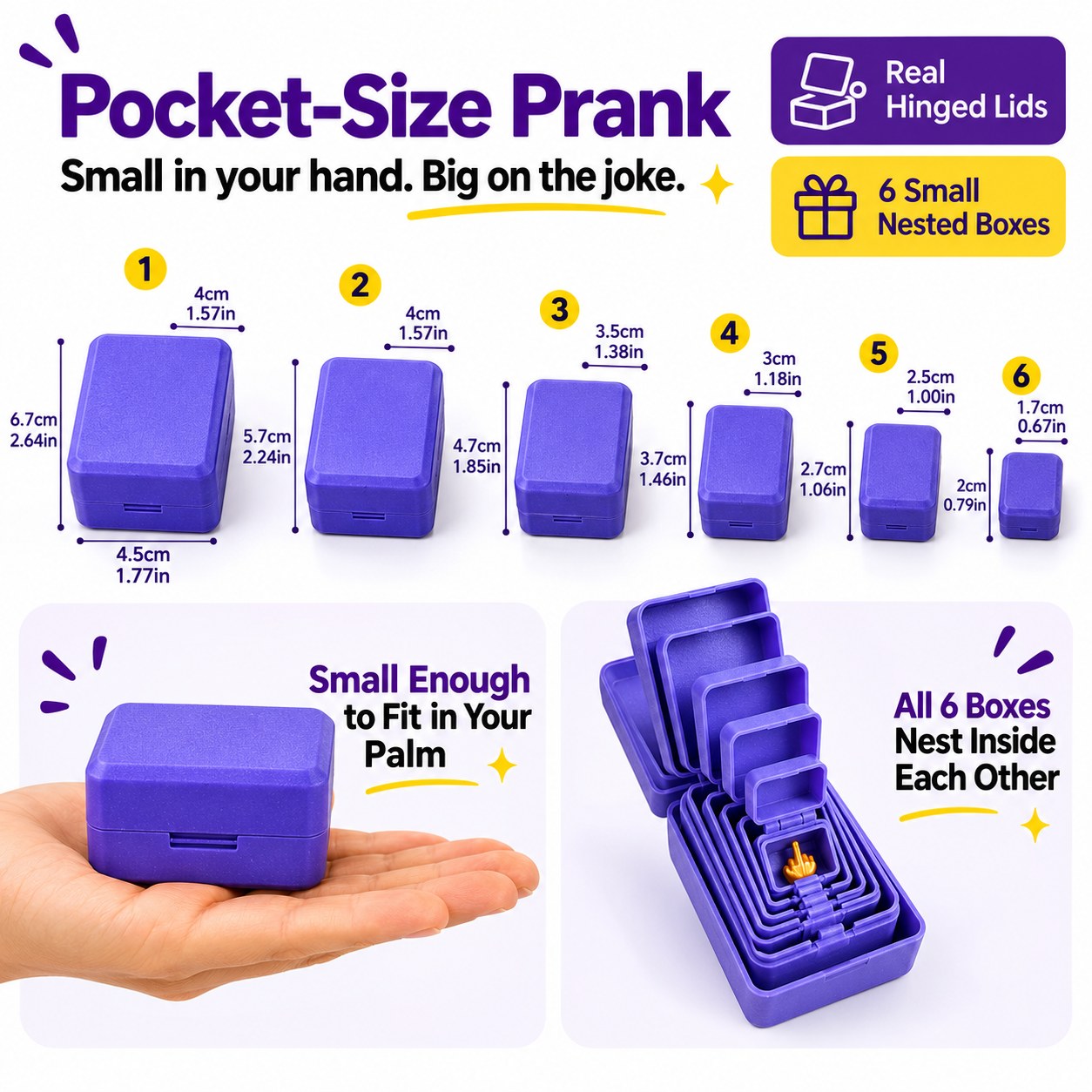 Dimensions of the six purple nested prank gift boxes, with a hand for scale