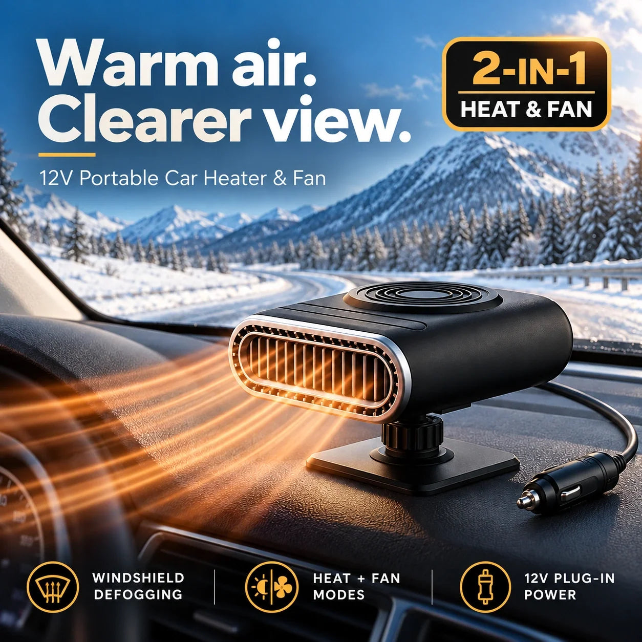 12V portable car heater and fan with adjustable base