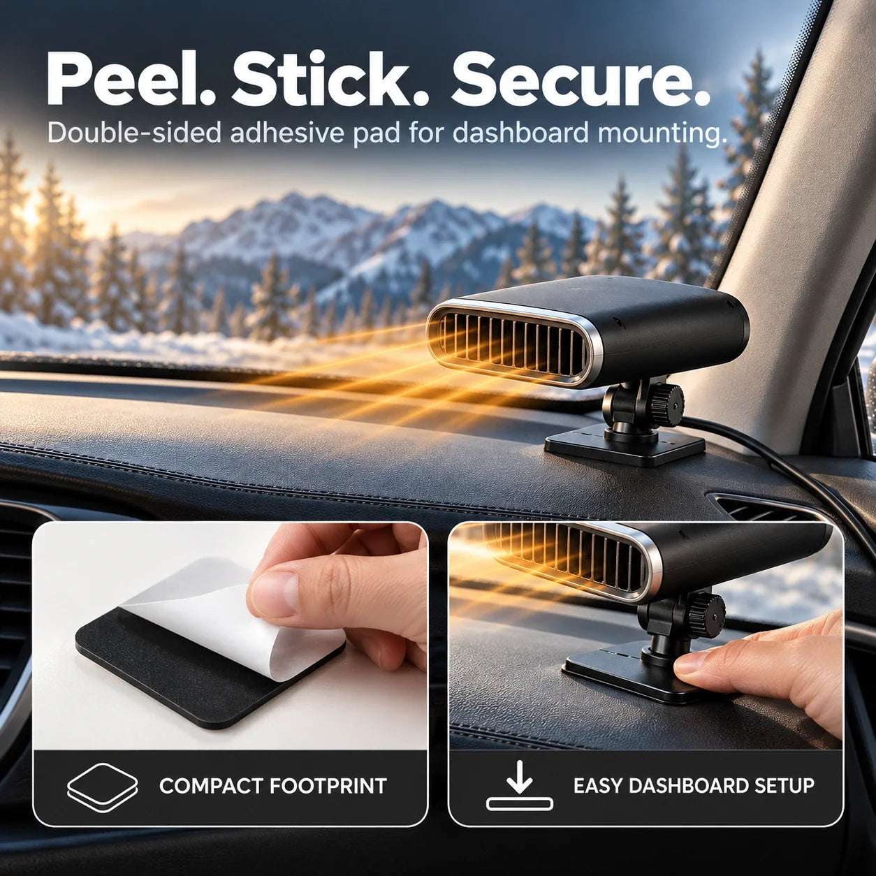 Double-sided adhesive pad securing the heater base to a dashboard
