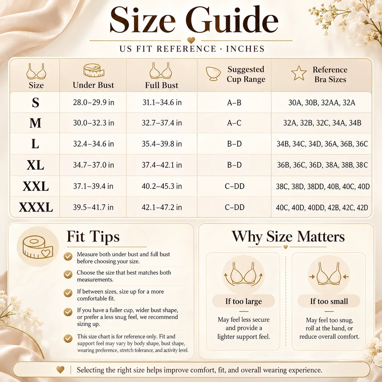 Bra size reference chart; verify measurements before purchasing