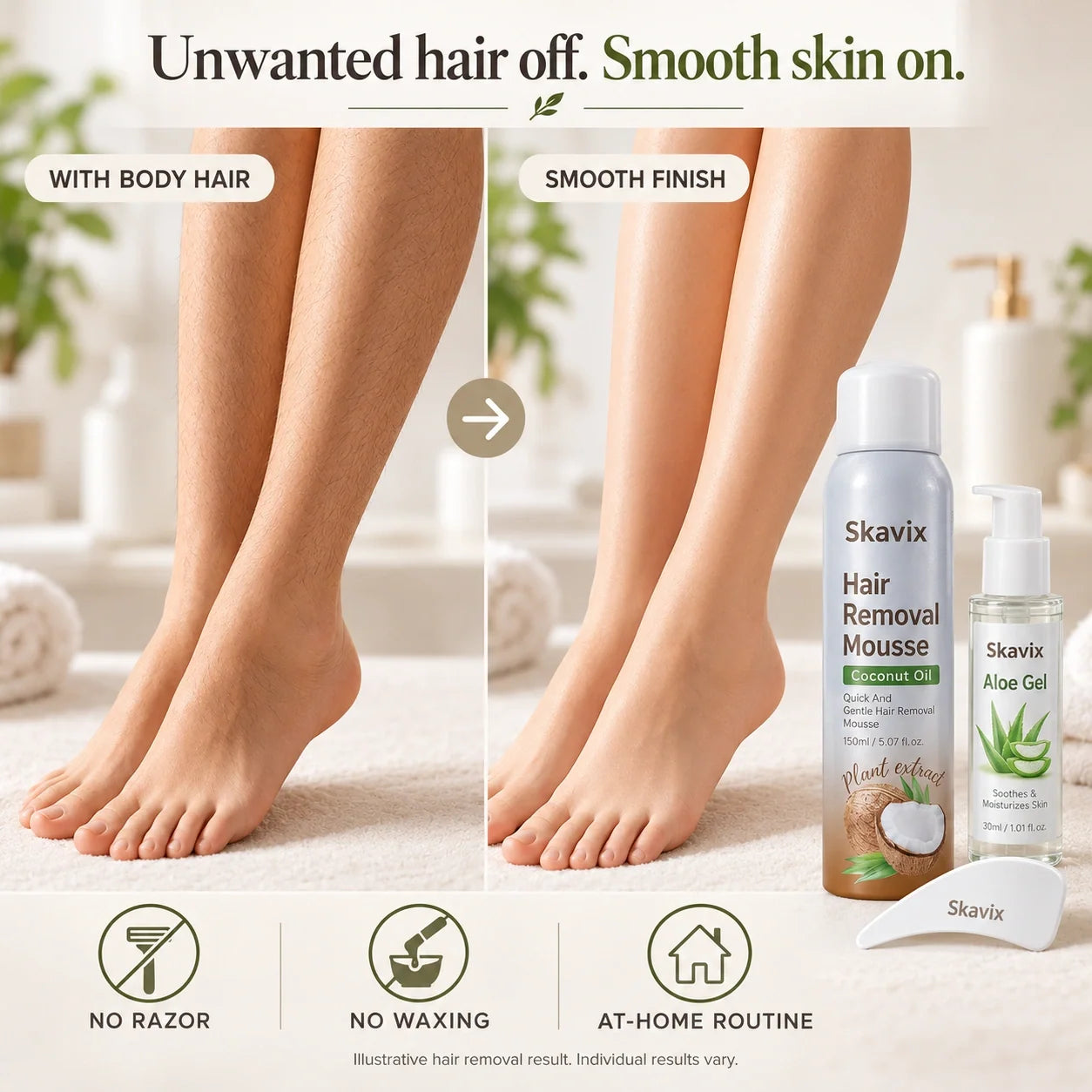 Illustrative comparison of legs with body hair and a smooth finish