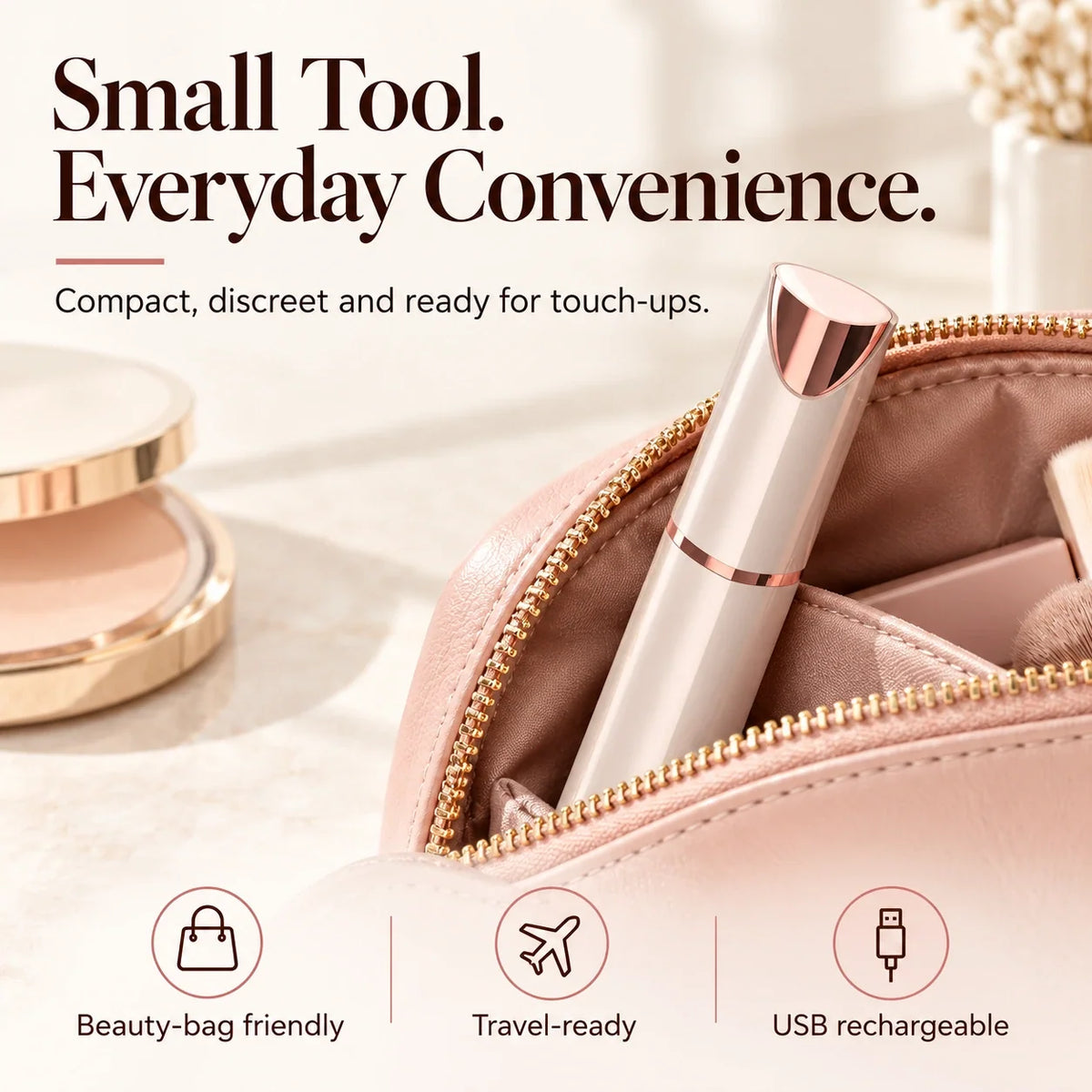 Compact trimmer beside a beauty bag